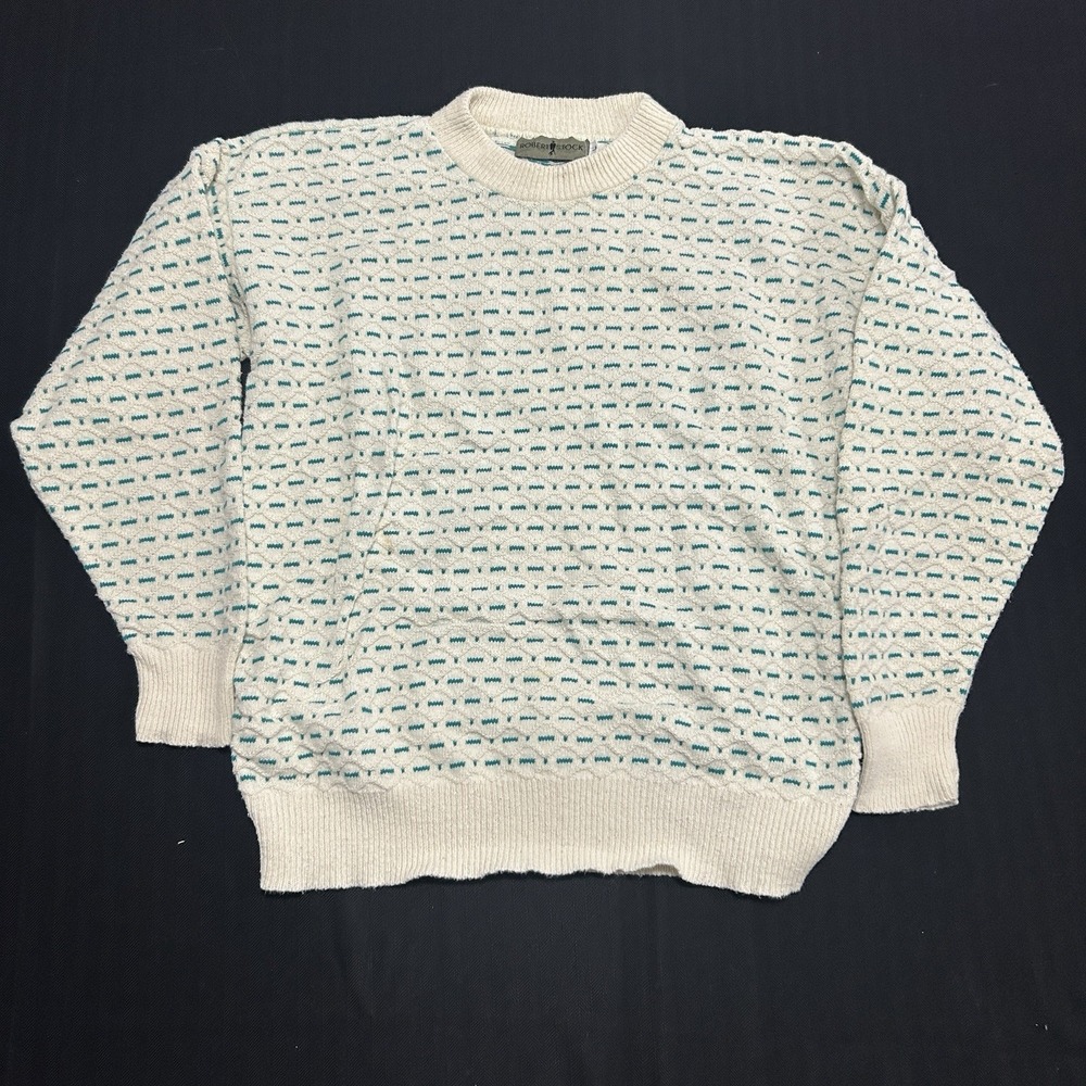 Vintage 90s Robert Stock 3D Knit Sweater Men's Large Cream Green Textured Crew